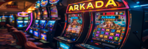 Arkada Casino — играйте на слотах и наслаждайтесь азартом Ряд игровых автоматов с яркой вывеской Arkada Casino и динамичной игрой на экране