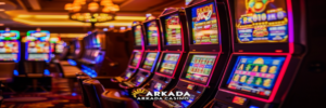  Ряд игровых автоматов в Arkada Casino с яркими дисплеями и неоновой подсветкой