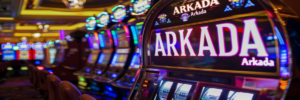 Слот-машины Arkada Casino с яркими вывесками и неоновой подсветкой в игровом зале